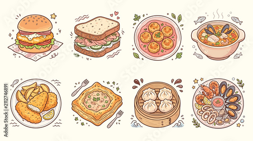 Принти на полотні A delightful collection of eight diverse and appetizing food illustrations, showcasing a variety of cuisines and dishes