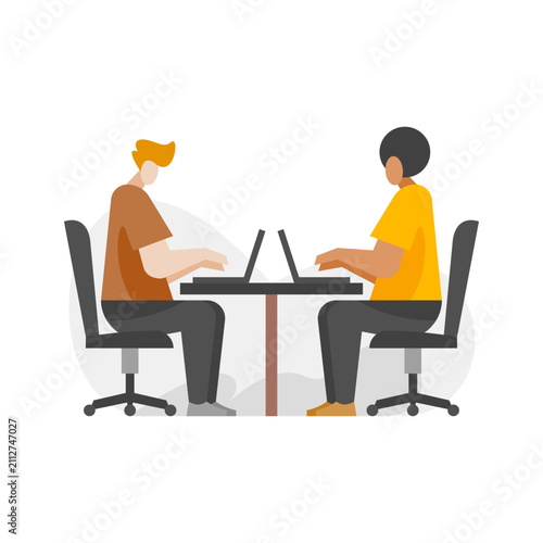 Working Together with a Friend at the Office Flat Illustration. Best friend cartoon Illustration. Flat Faceless style modern concept illustration.