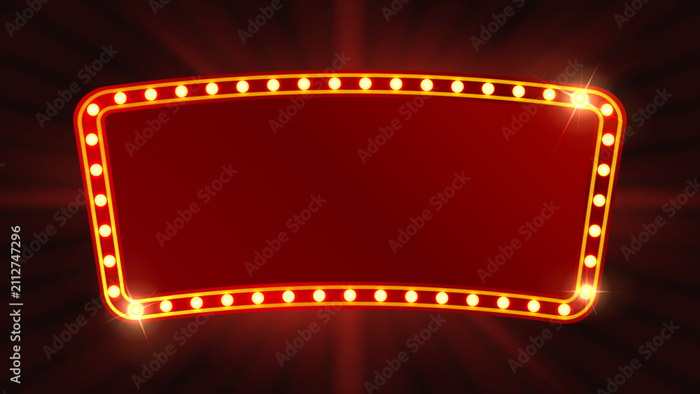 Naklejka premium Retro Glowing Marquee Sign Frame with Vintage Light Bulbs Red Theater Banner and Cinema Billboard Vector Illustration