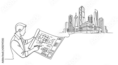 Architect with blueprint visualizing city skyline line art