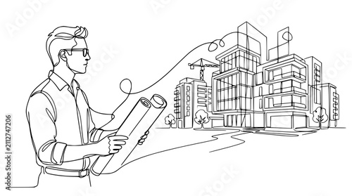 Architect with blueprints looking at modern building construction, continuous line art sketch
