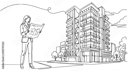 Architect woman holding blueprint plan near modern building line art illustration