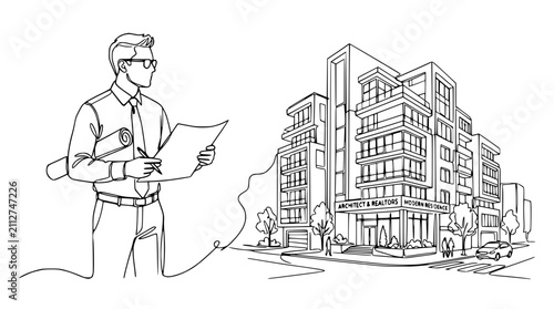 Architect with plans and modern residential building line art sketch