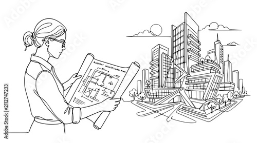 Architect woman holding blueprint with modern city skyline line art illustration