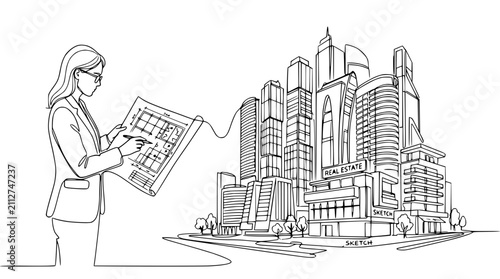 Architect woman holding blueprint with modern city skyline sketch, line art vector illustration