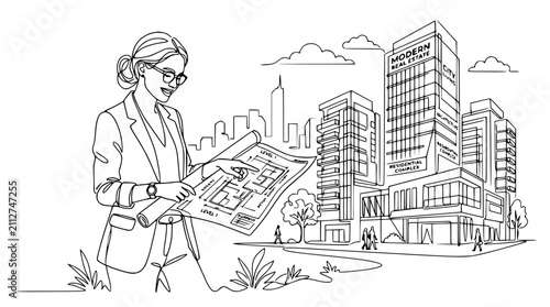 Architect woman reviewing blueprints with modern city skyline in line art style