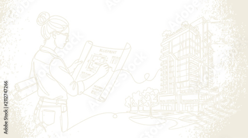 Architect woman holding blueprint with modern building sketch line art