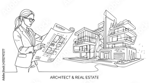 Architect Woman with Blueprint Analyzing Modern House Design Line Art