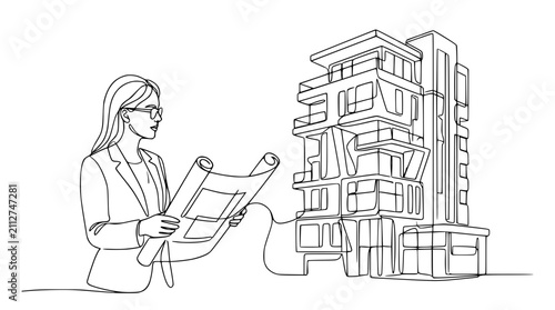 Architect Woman with Blueprint Looking at Modern Building Continuous Line Art