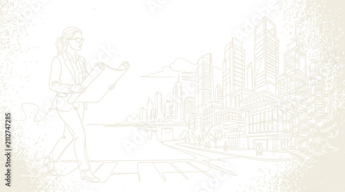 Architect woman with blueprint and city skyline line art sketch illustration
