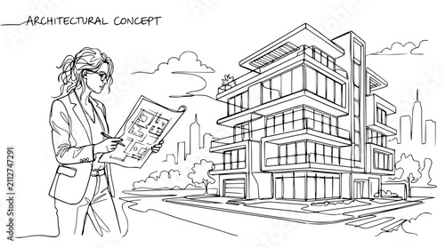 Architectural concept line drawing with female architect holding blueprint and modern building