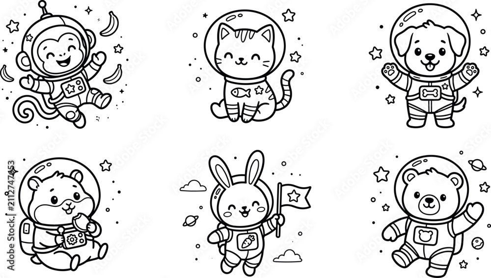 Fototapeta premium Cute kawaii space astronaut animals coloring page vector set with smiling happy monkey cat dog hamster bunny bear characters