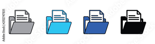 Blue vector icon of a folder containing a document for digital data storage and file organization with document organizer business administrative illustration minimalist interface