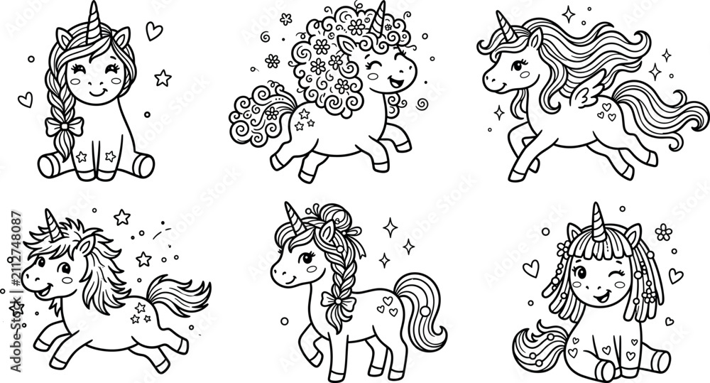 Obraz premium Cute kawaii magical unicorns coloring page vector set with smiling happy pegasus pony stars and flower characters