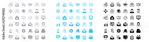 Collection of search engine optimization and digital marketing strategy icons showcasing analytics reporting and online communication tools with marketing strategy analytics business