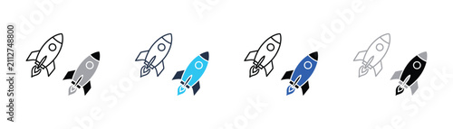 Rocket launch icon set representing startup business growth and success in outline and solid blue styles with business development innovation technology marketing progress creative