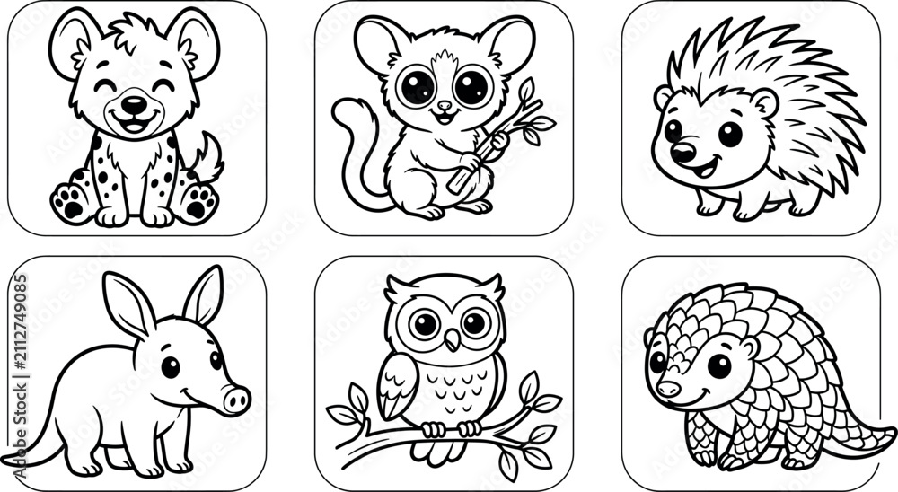 Fototapeta premium Cute kawaii wild nocturnal animals coloring page vector set with smiling happy hyena bushbaby hedgehog aardvark owl pangolin characters