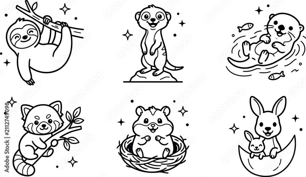 Fototapeta premium Cute kawaii wild animals coloring page vector set with smiling happy sloth meerkat otter red panda hamster kangaroo characters