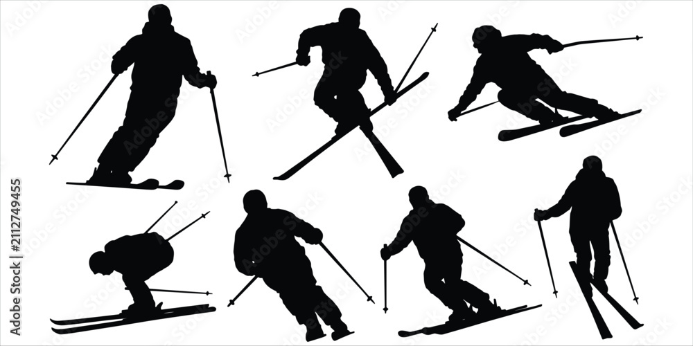 Fototapeta premium Silhouettes of seven skiers in various dynamic poses on a white background skiing snow