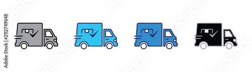 Delivery truck icon featuring a package box and checkmark for confirmed shipping service and successful logistics order delivery checkmark shipping logistics transport distribution