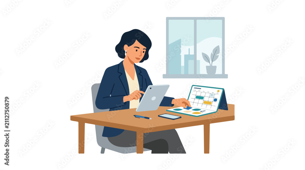 Fototapeta premium A professional woman sits at her desk, using a tablet and checking a calendar to plan her schedule in a modern office setting.