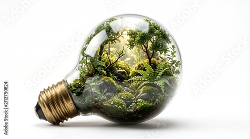 Creative miniature forest enclosed in a transparent light bulb isolated on white background. Symbol of sustainability, renewable ideas and environmental conservation.
