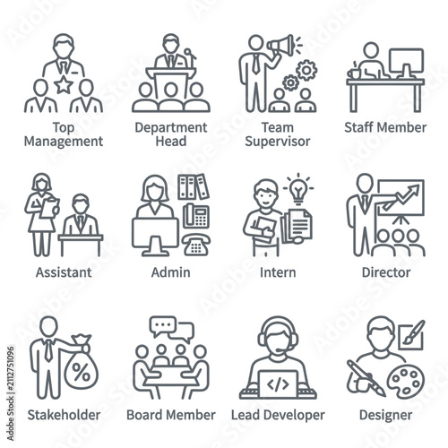 Business professional icons set representing company hierarchy and office roles