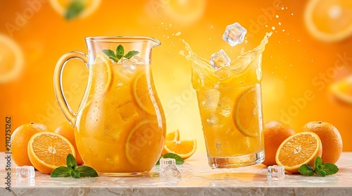 Refreshing orange juice splash with pitcher and ice cubes