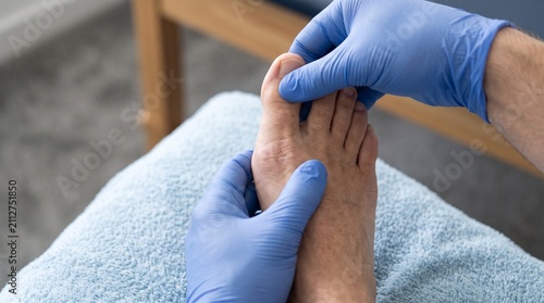Podiatrist examining patient foot in medical clinic