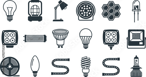 Bild auf Leinwand Electrical Lighting and Bulb Silhouette Icon Set Featuring Incandescent Lamps De