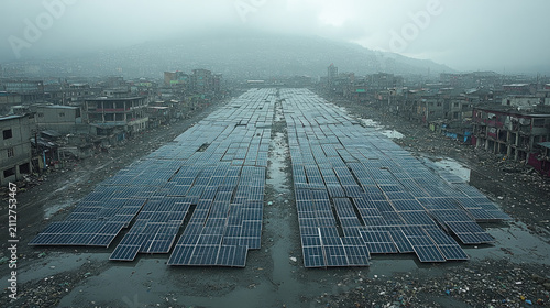 Solar panels installed in a densely populated, impoverished urban area with surrounding debris and smoggy sky.