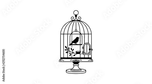 Quadro su tela Ornate Birdcage with Silhouette of Small Bird on White Background