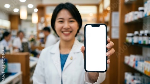Asian pharmacist showing smartphone screen. Medical professional holding blank mobile phone.