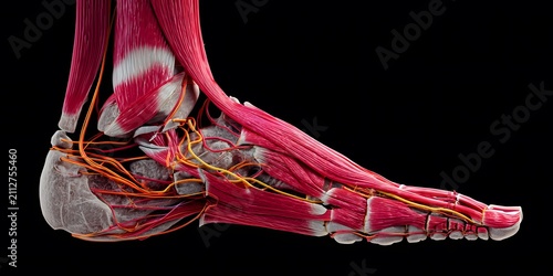 Side view of human foot anatomy showing muscles tendons and bones isolated on black background