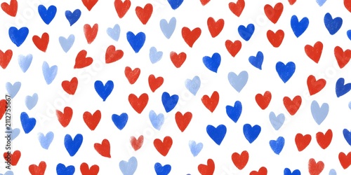 Hand painted red blue and light blue heart shapes scattered across a white background in a festive seamless pattern