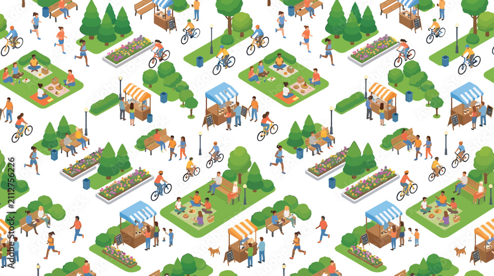 Fototapeta premium Isometric city park pattern with people walking cycling and having picnics in a green public recreation area vector illustration