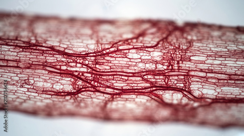 Cellular structure of stained mahogany wood fibers exhibiting deep red vascular networks for elegant layouts