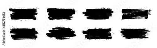 Ink brush strokes template with splatter. Hand drawn grunge brush stroke swatches with dirty stains, drops and blots. Dirty artistic design elements for text, design. Vector paint brushes