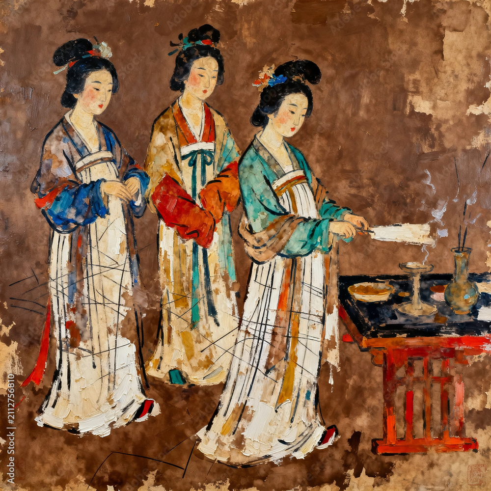 Obraz premium Thick texture oil painting of three ancient Tang-dynasty ladies with incense table indoors
