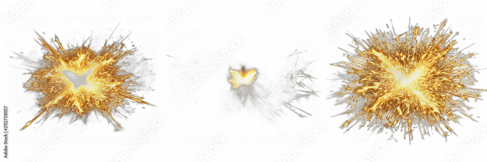 Obraz premium Golden Explosions and Bright Fire Sparks Isolated on White Background, Action and Blast PNG Stock Graphic for Special Effects, Gaming, and Explosion Designs