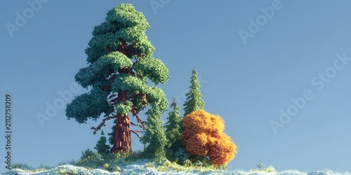Stylized green and orange trees stand on a patch of white ground against a clear blue sky.