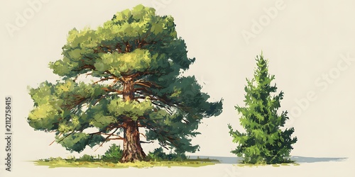 A large green pine tree and a smaller pine tree stand side by side on a grassy patch.
