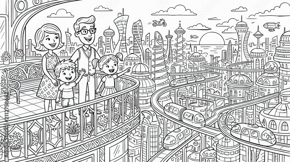 Fototapeta premium Black and White Coloring Page of a Stylized Family on a Balcony Overlooking a Futuristic Cityscape with Monorails and Flying Vehicles, Outline Illustration for Kids