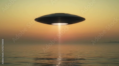 Flying Saucer Beaming Light Over Ocean At Sunset Scene For Sci Fi Movie Or Mystery Documentary video clip