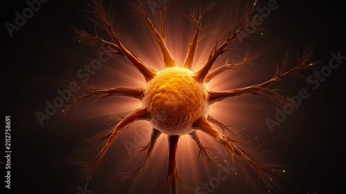 Glowing Neuron Cell With Branching Dendrites And Axons In Dark Background For Science And Medicine video clip