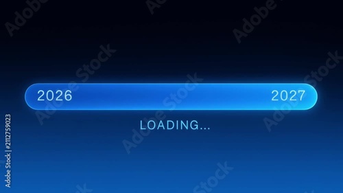 Animated Loading Bar Transition From 2026 To 2027 With Glowing Blue Progress On Dark Background video clip