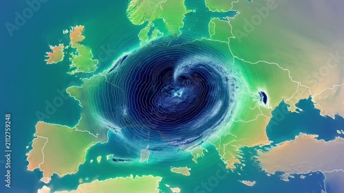 Swirling Storm System Over Europe Map With Animated Weather Patterns And Climatic Data Visualization video clip