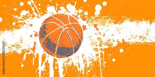 An orange basketball is centered on a vibrant background surrounded by white paint splatters.