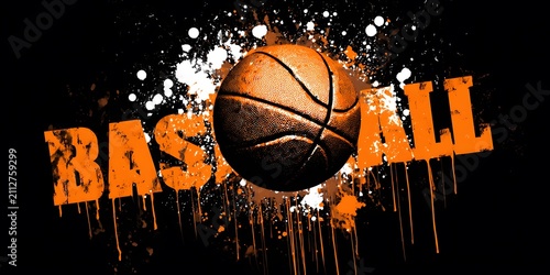 A basketball centered within a dynamic burst of orange paint splatters and dripping letters spelling out the sport name.