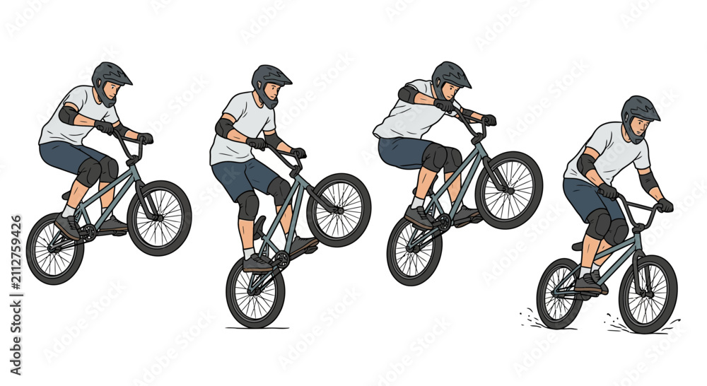Fototapeta premium Illustration showing steps of a bmx bike trick sequence